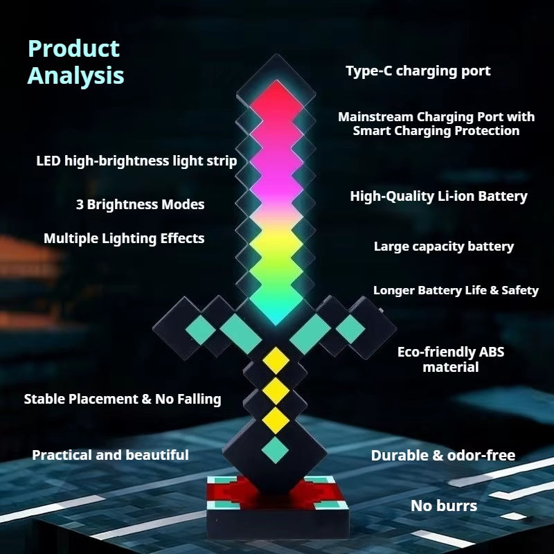 Luminous Diamond Sword World Surrounding Pixel Weapons Laser Sword Nightlight Ornaments to Buckle Two-In-One Children'S Toy Gift