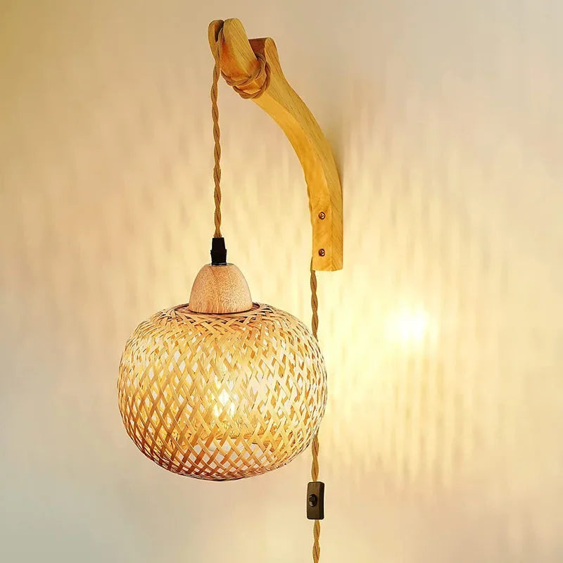 Bamboo Lantern Wall Lamp – Hand-Woven Natural Bamboo & Rattan