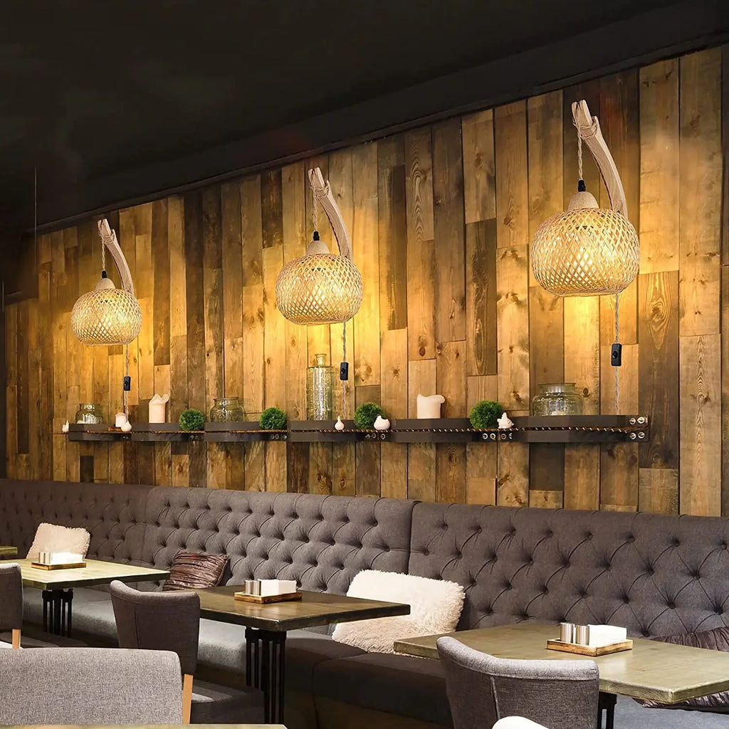 Bamboo Lantern Wall Lamp – Hand-Woven Natural Bamboo & Rattan